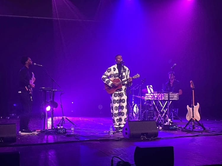 Bongeziwe Mabandla playing guitar and singing into a microphone on stage